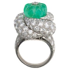 David Webb Carved Emerald and Diamond Platinum Ring