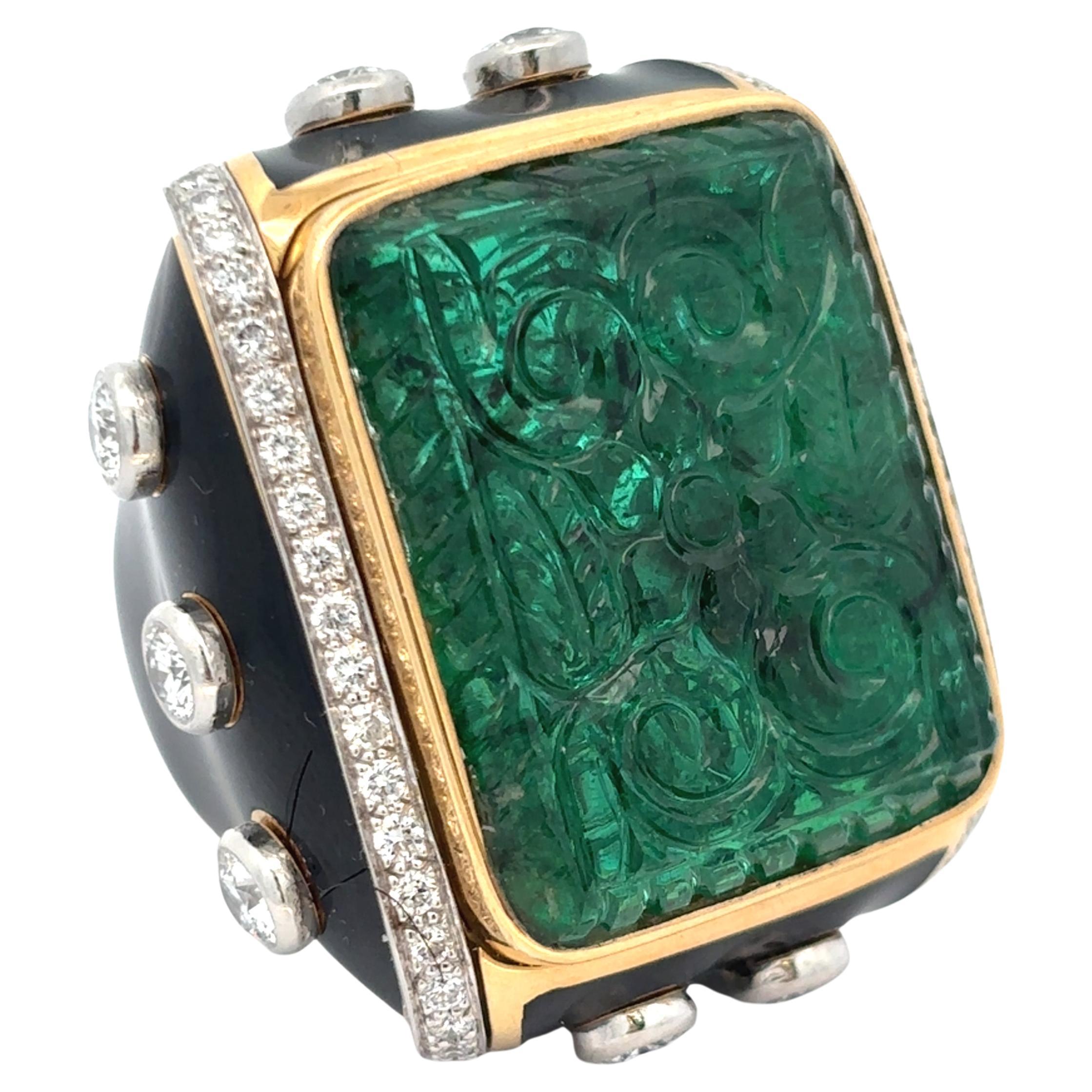 David Webb Carved Emerald and Diamond Ring For Sale
