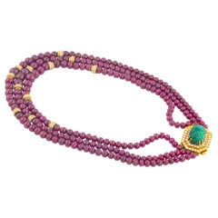 David Webb Carved Emerald and Ruby Bead Necklace