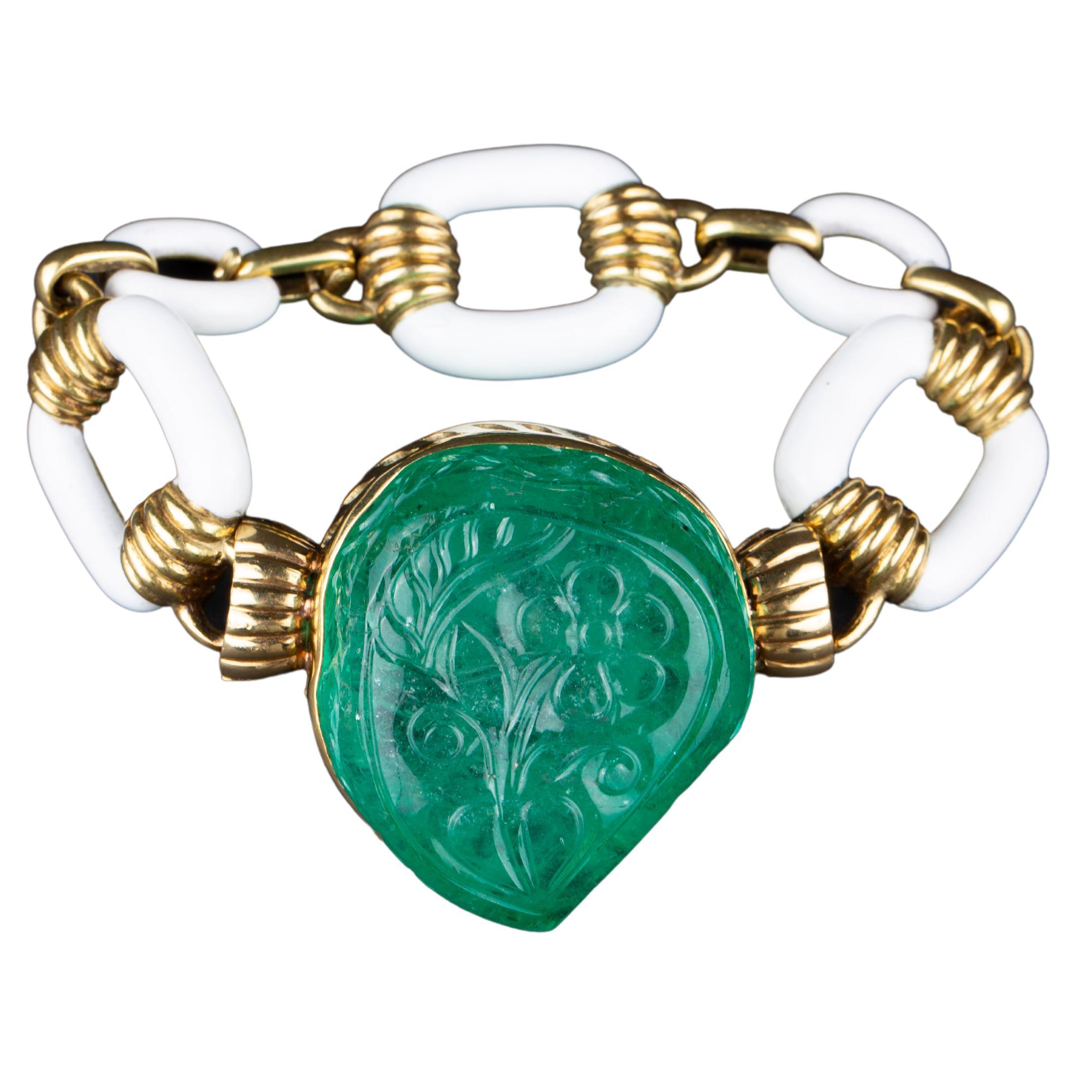 David Webb Carved Emerald and White Enamel Bracelet 