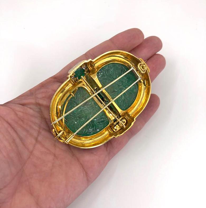 Mixed Cut David Webb Carved Emerald Convertible Pendant Brooch