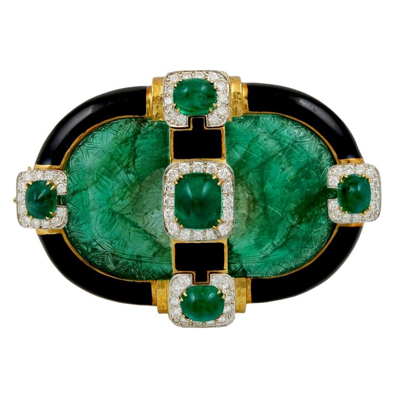 David Webb Carved Emerald Convertible Pendant Brooch