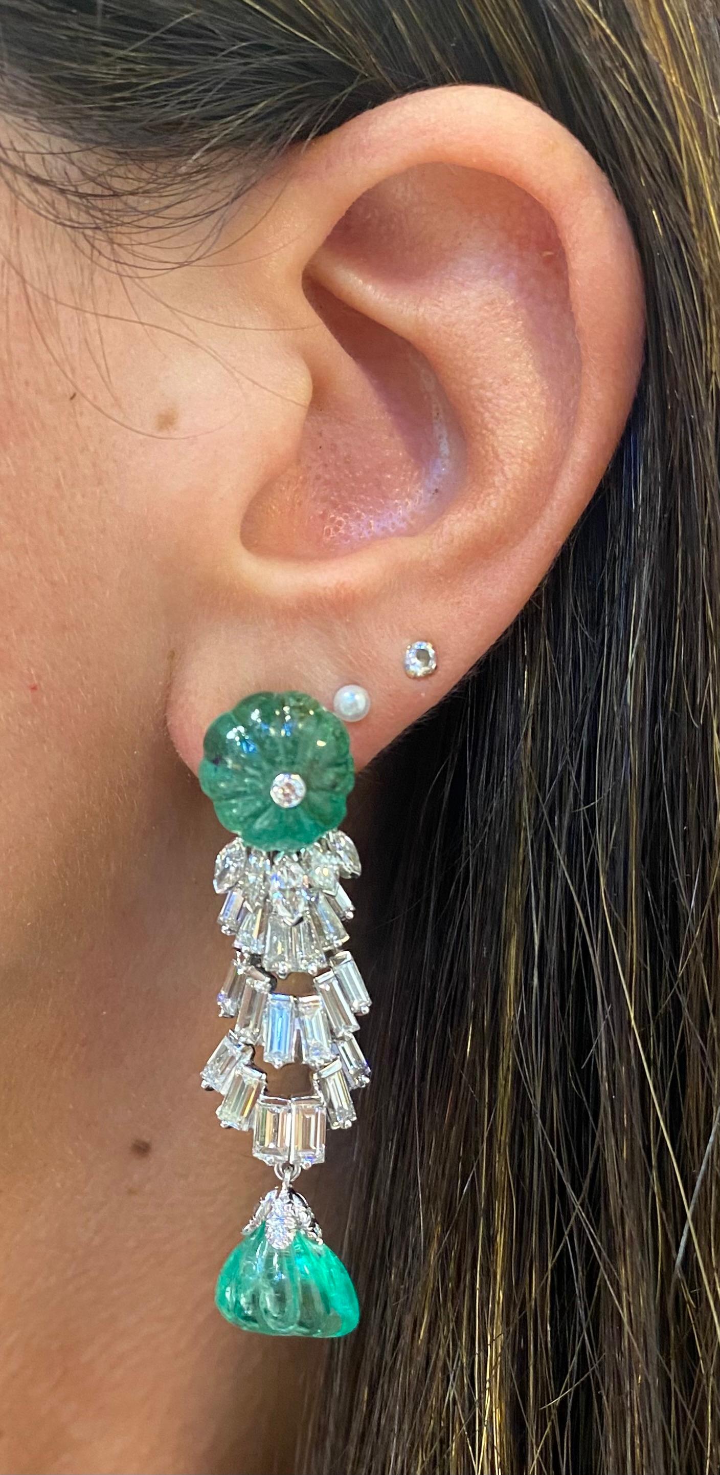 Mixed Cut David Webb Carved Emerald & Diamond Earrings