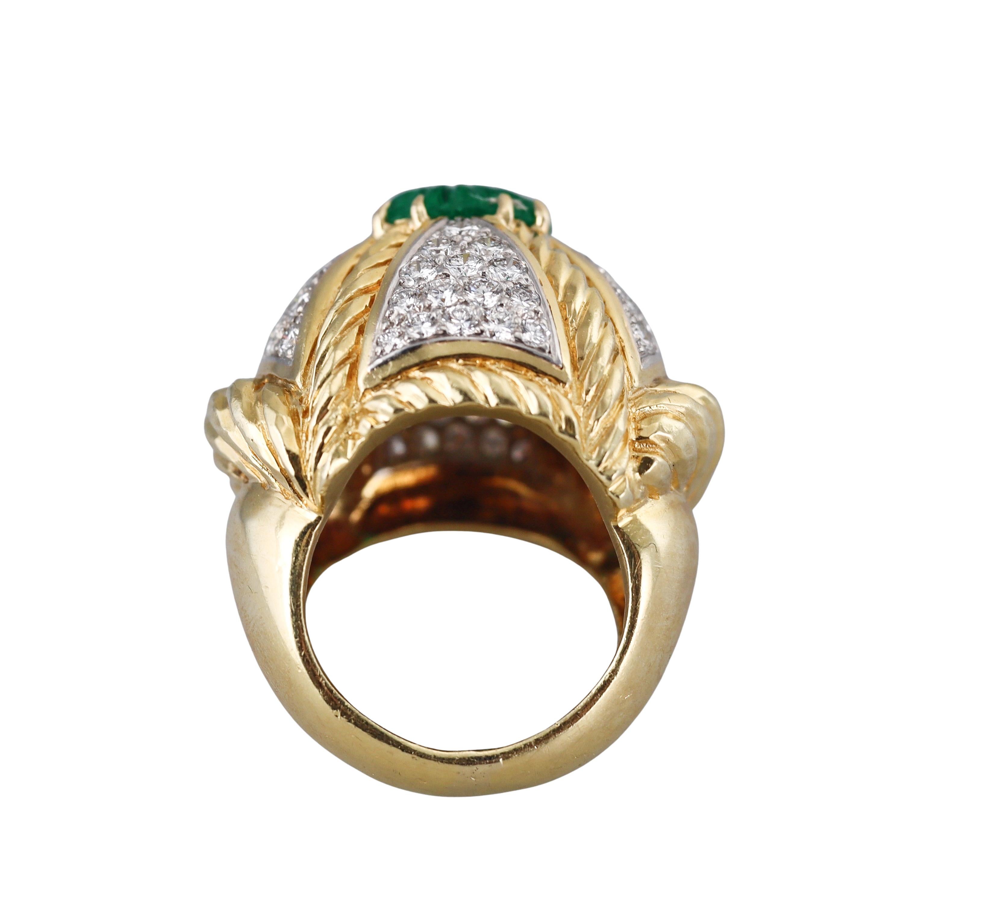 Round Cut David Webb Carved Emerald Diamond Gold Platinum Ring For Sale