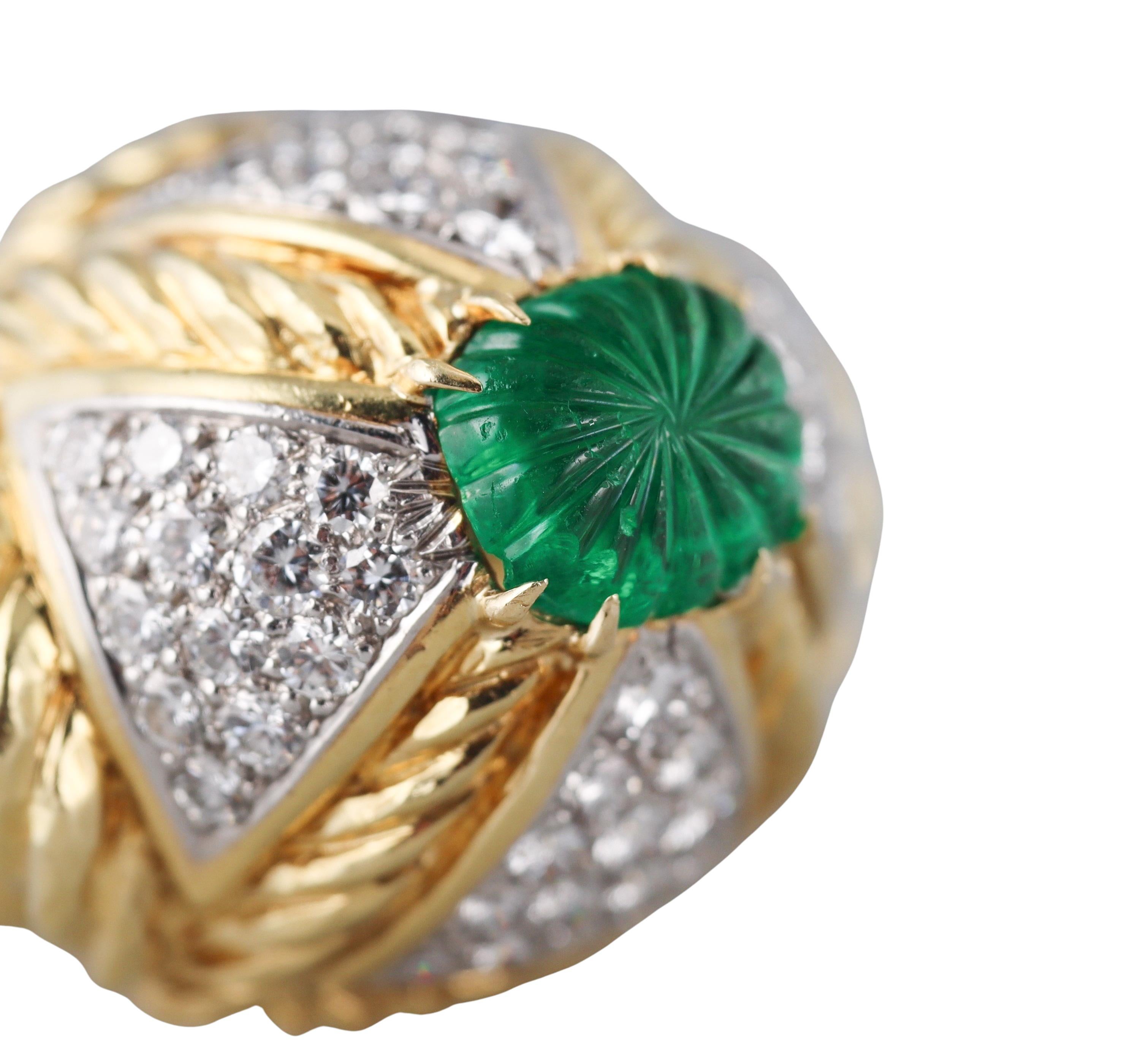 Women's David Webb Carved Emerald Diamond Gold Platinum Ring For Sale