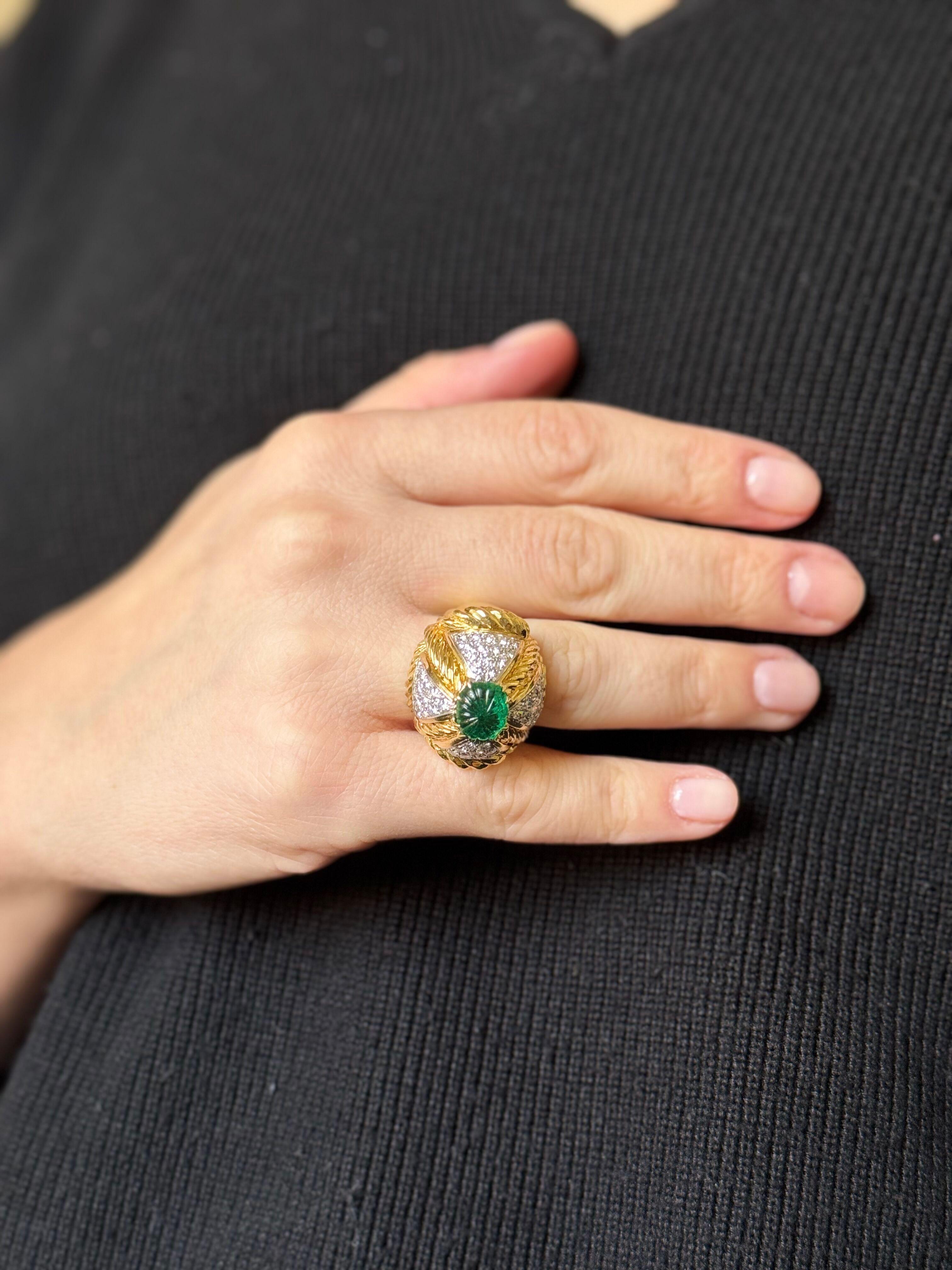 David Webb Carved Emerald Diamond Gold Platinum Ring For Sale 2