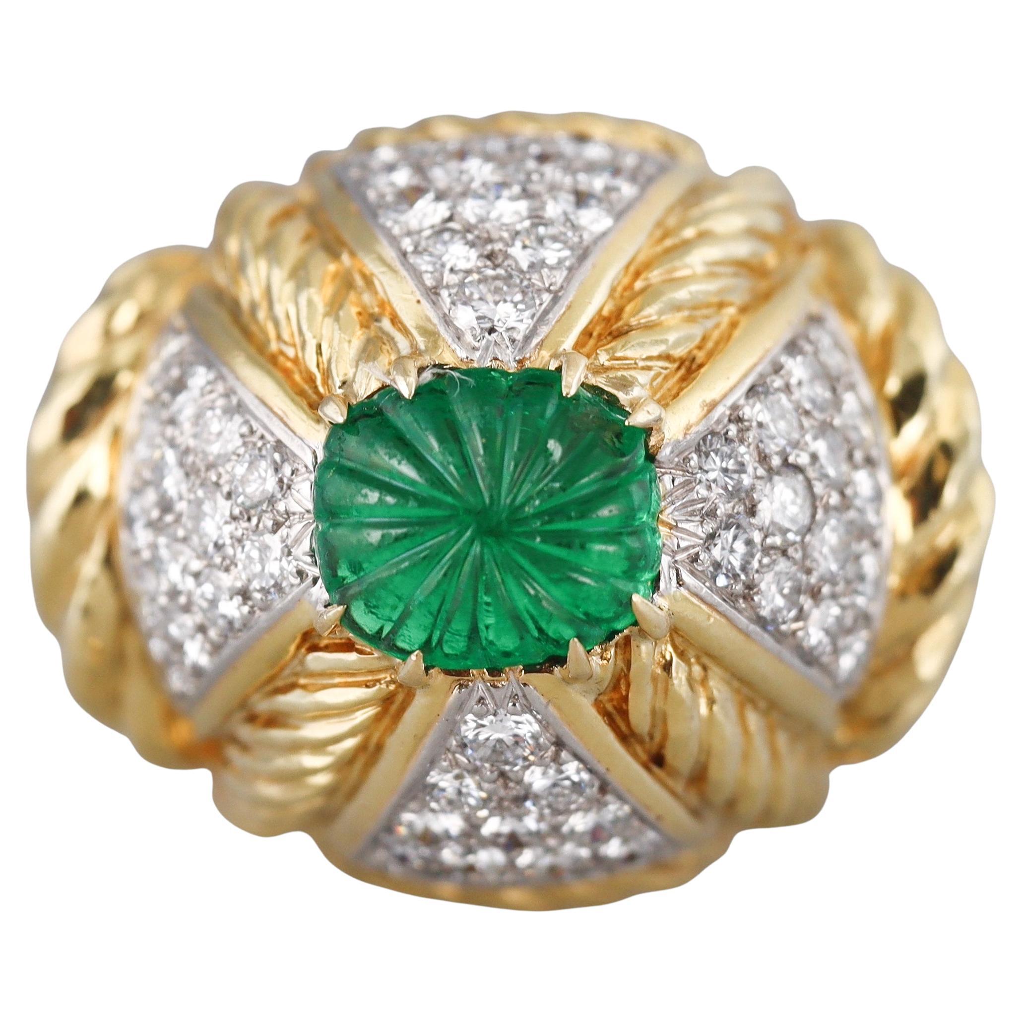 David Webb Carved Emerald Diamond Gold Platinum Ring