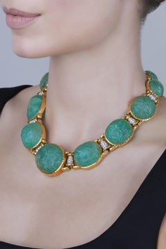 David Webb Carved Emerald & Diamond Necklace