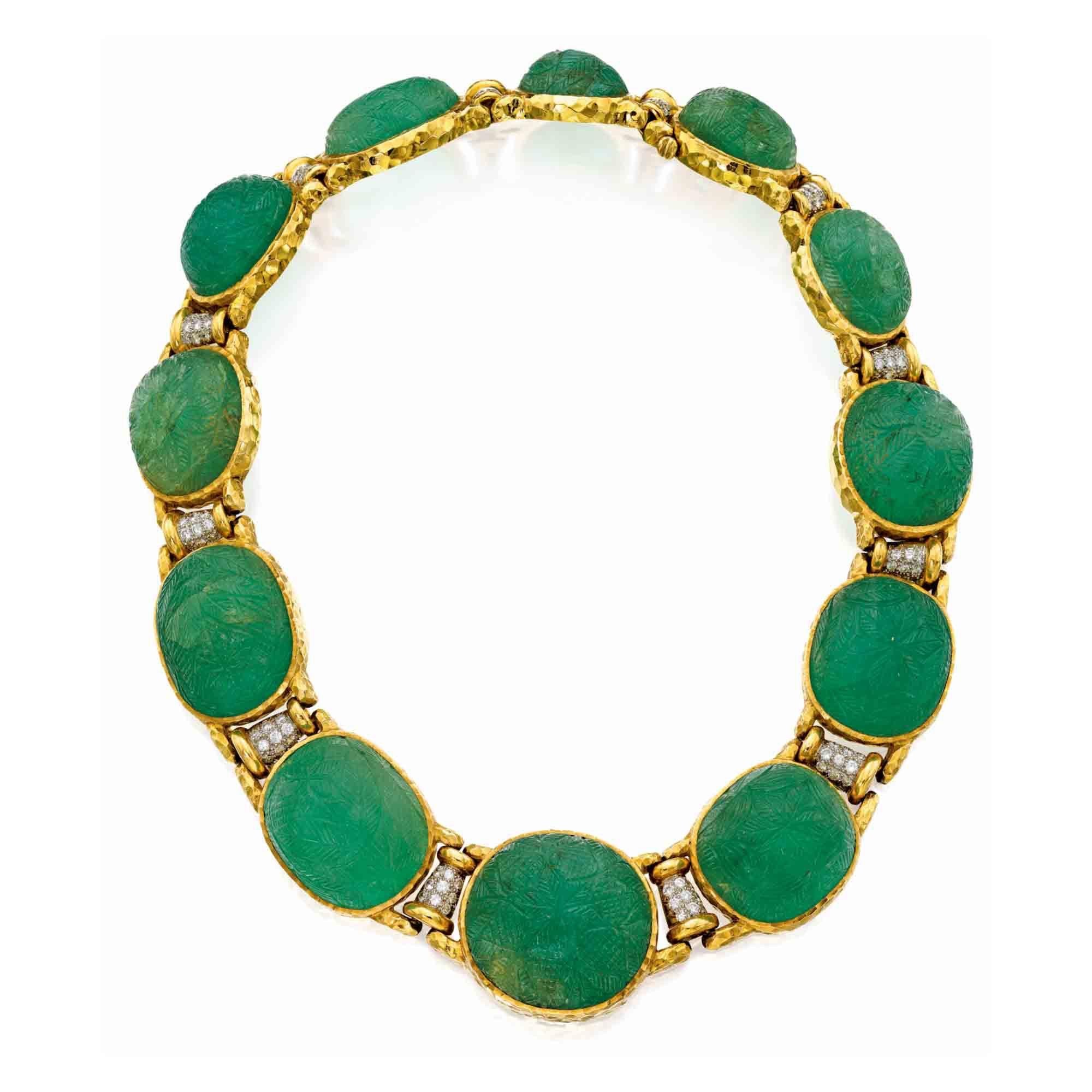 Mixed Cut David Webb Carved Emerald & Diamond Necklace