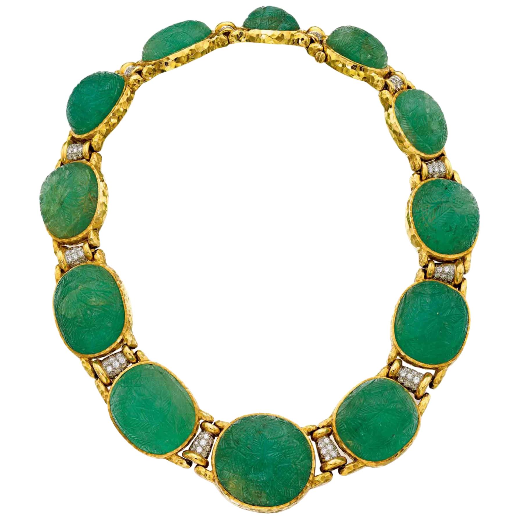 David Webb Carved Emerald & Diamond Necklace