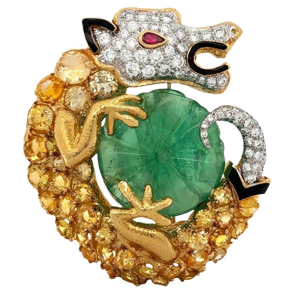 David Webb Carved Emerald Dragon Brooch