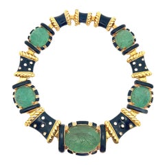 David Webb Carved Emerald & Enamel Necklace