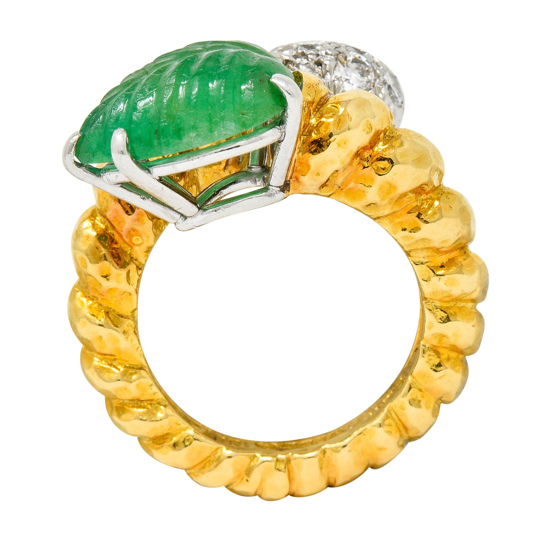 David Webb Carved Emerald Pave Diamond 18 Karat Gold Bypass Ring 3