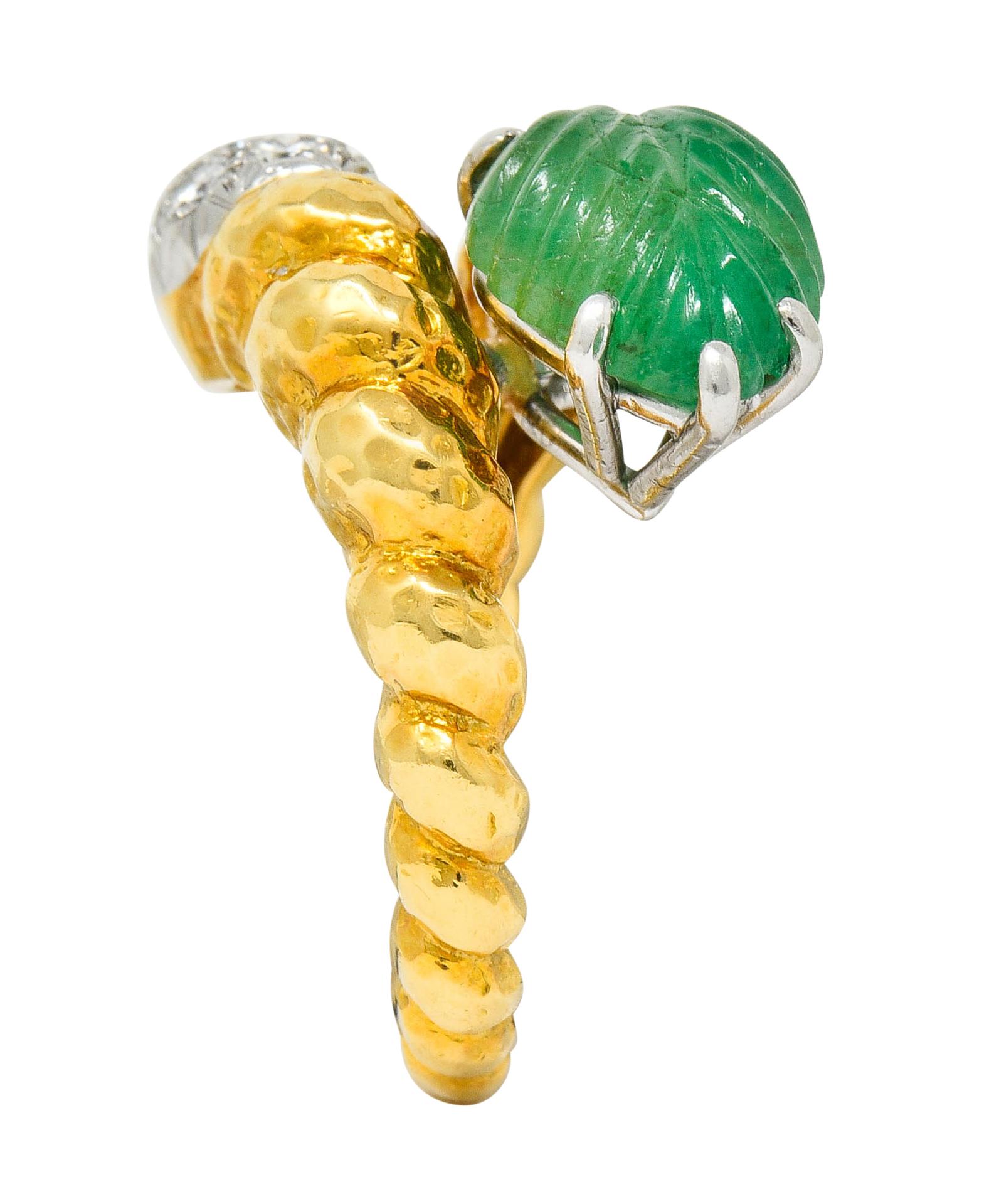 David Webb Carved Emerald Pave Diamond 18 Karat Gold Bypass Ring 4