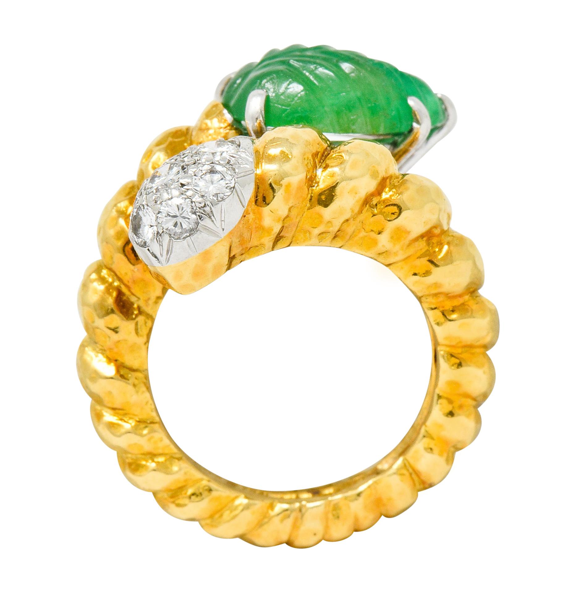 David Webb Carved Emerald Pave Diamond 18 Karat Gold Bypass Ring 5