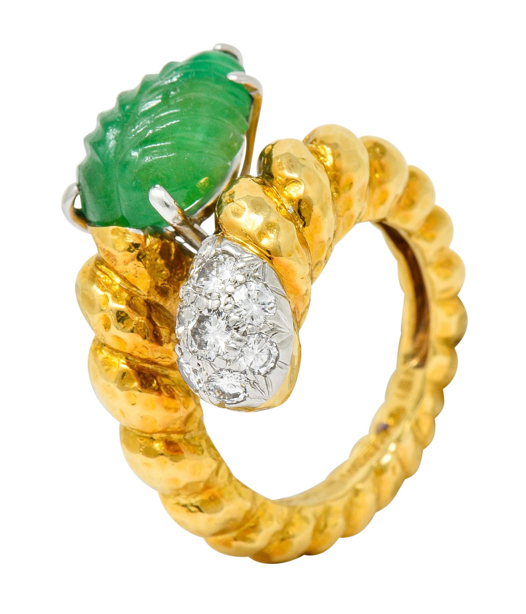 David Webb Carved Emerald Pave Diamond 18 Karat Gold Bypass Ring 7