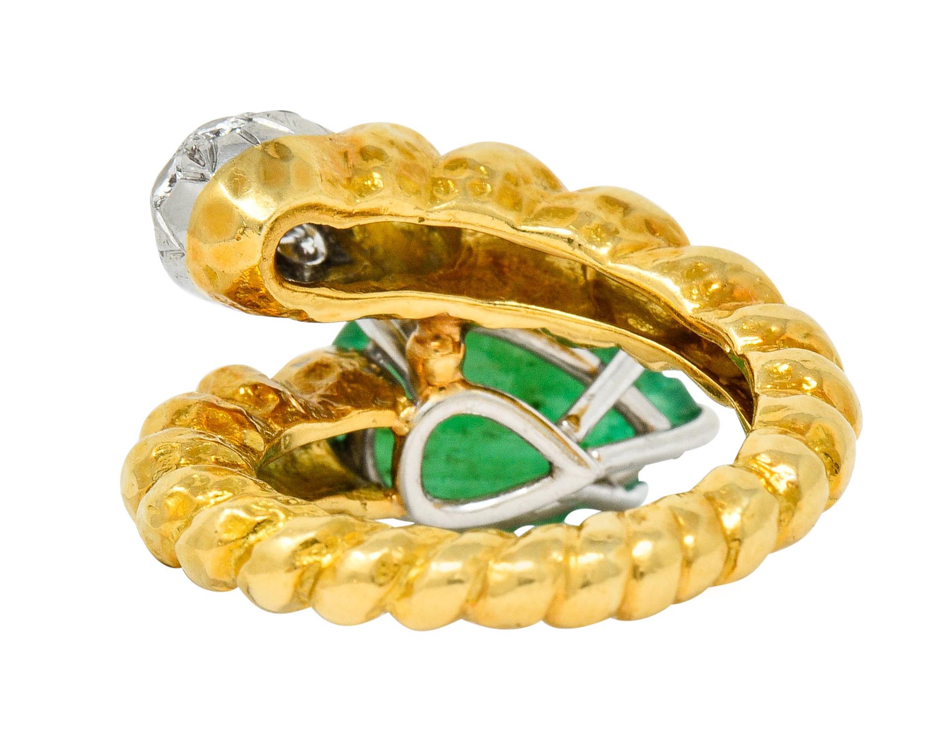 Contemporary David Webb Carved Emerald Pave Diamond 18 Karat Gold Bypass Ring