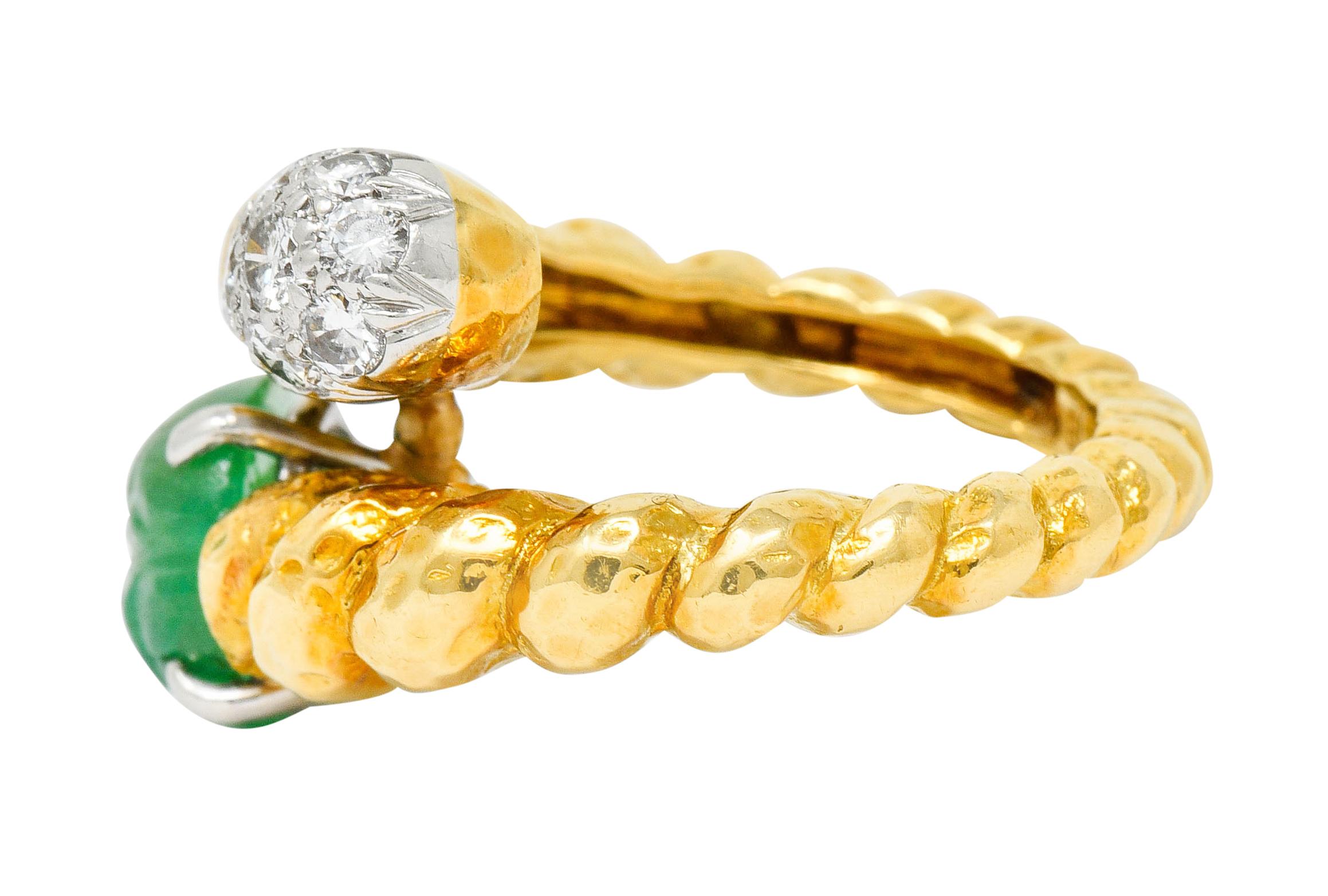 Round Cut David Webb Carved Emerald Pave Diamond 18 Karat Gold Bypass Ring