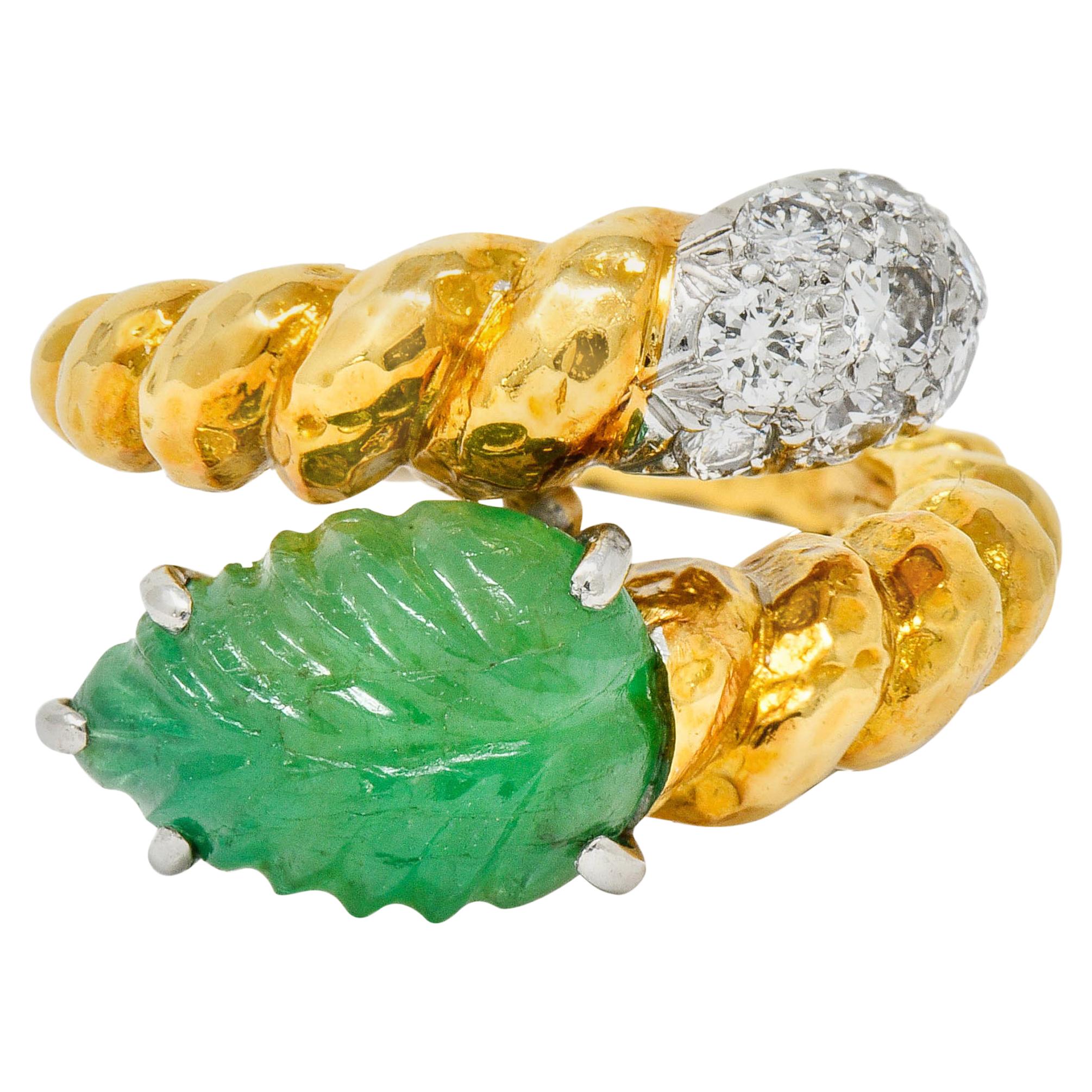 David Webb Carved Emerald Pave Diamond 18 Karat Gold Bypass Ring