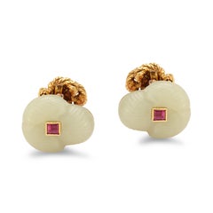 David Webb Carved Jade and Ruby Cufflinks