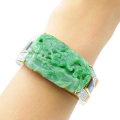 David Webb Carved Jade, Black Enamel and Diamond Cuff