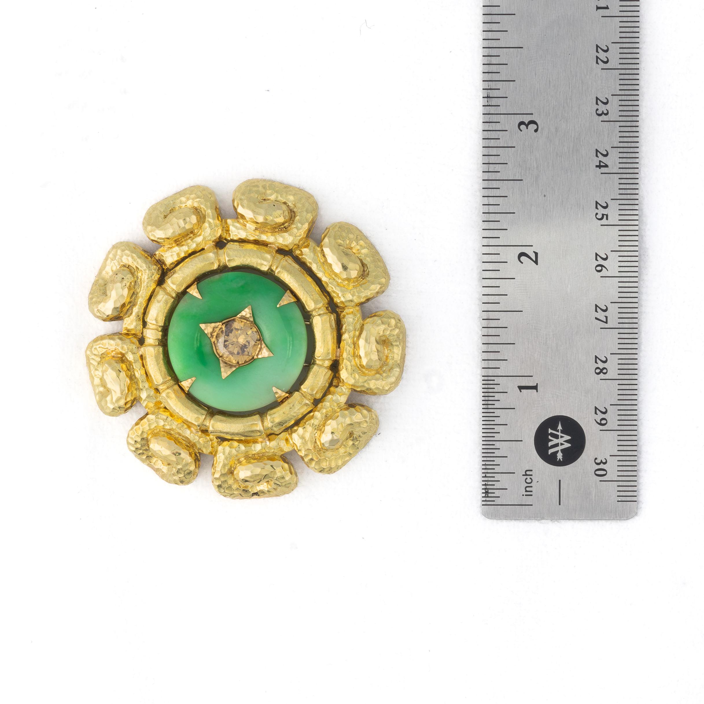 Round Cut David Webb Carved Jade & Diamond Disc Brooch For Sale