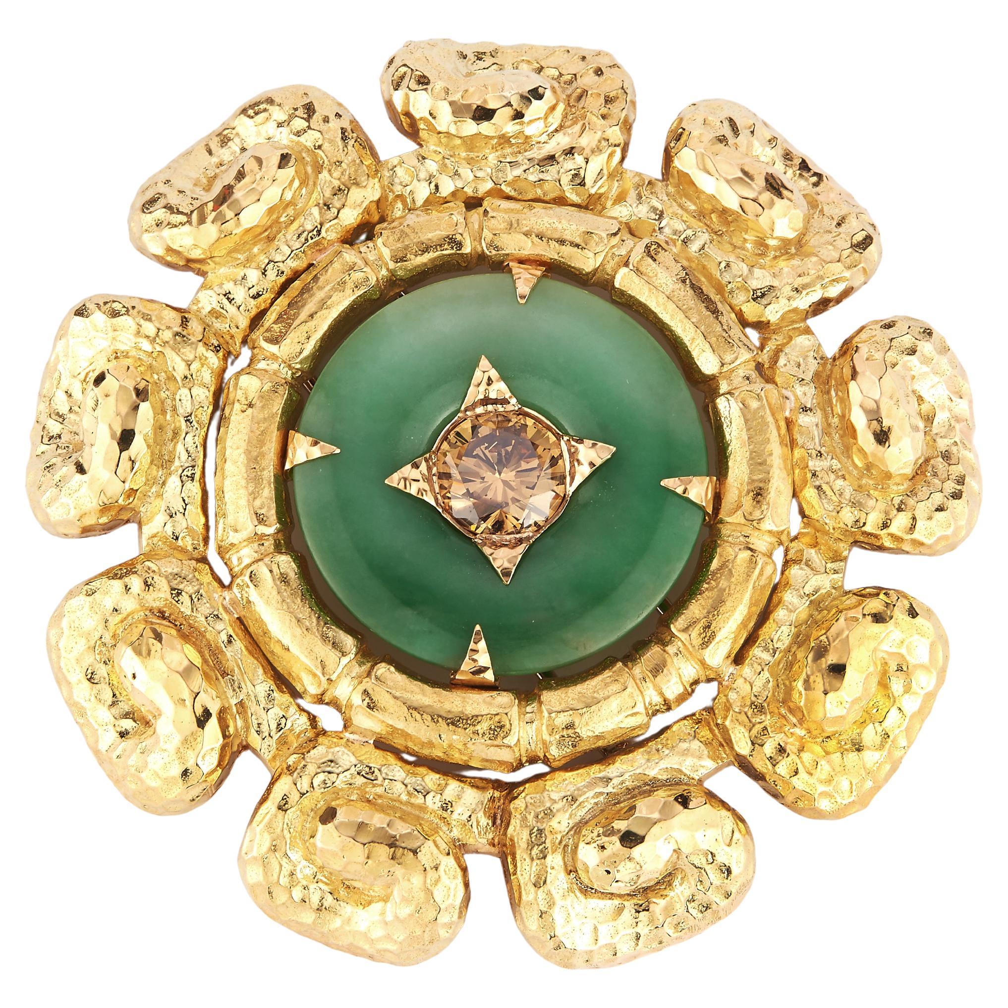 David Webb Carved Jade & Diamond Disc Brooch For Sale