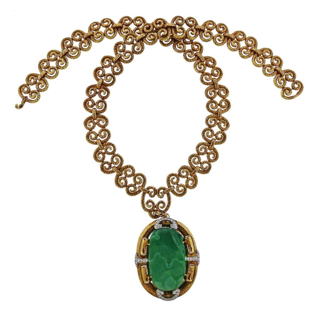Impressive David Webb 18k gold and platinum necklace, featuring detachable pendant/brooch, set with 49mm x 30mm carved jade and approx. 1.50ctw in diamonds. Brooch/Pendant (detachable) measures 65mm x 52mm; Necklace is 27