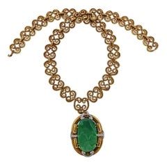 David Webb Carved Jade Diamond Gold Platinum Brooch Pendant Necklace