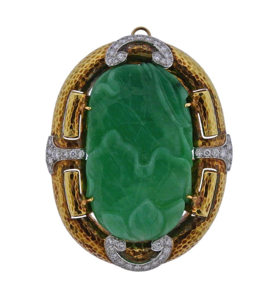 Uncut David Webb Carved Jade Diamond Gold Platinum Brooch Pendant Necklace For Sale