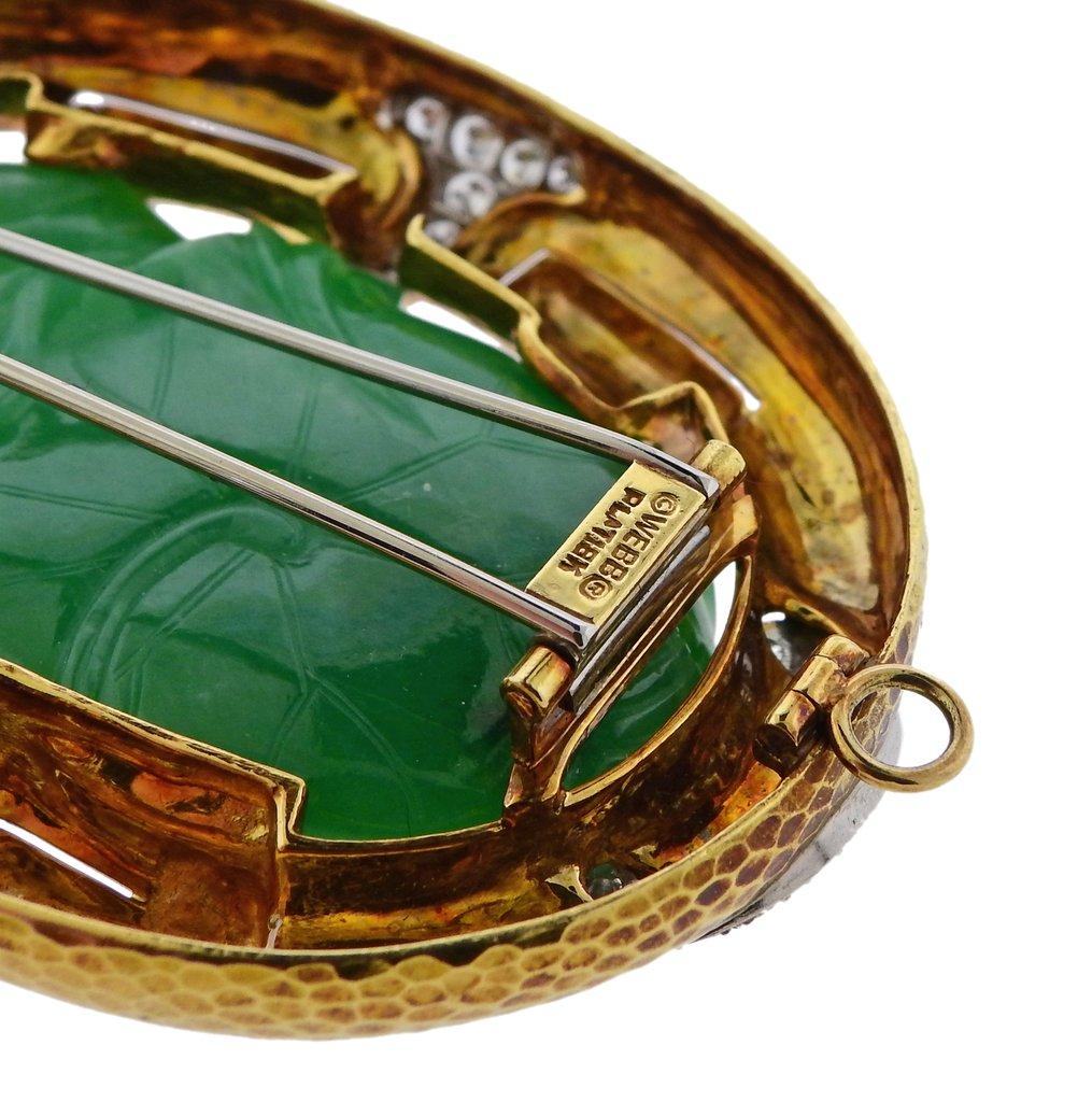 David Webb Carved Jade Diamond Gold Platinum Brooch Pendant Necklace For Sale 1