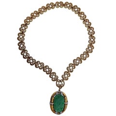 David Webb Carved Jade Diamond Gold Platinum Brooch Pendant Necklace