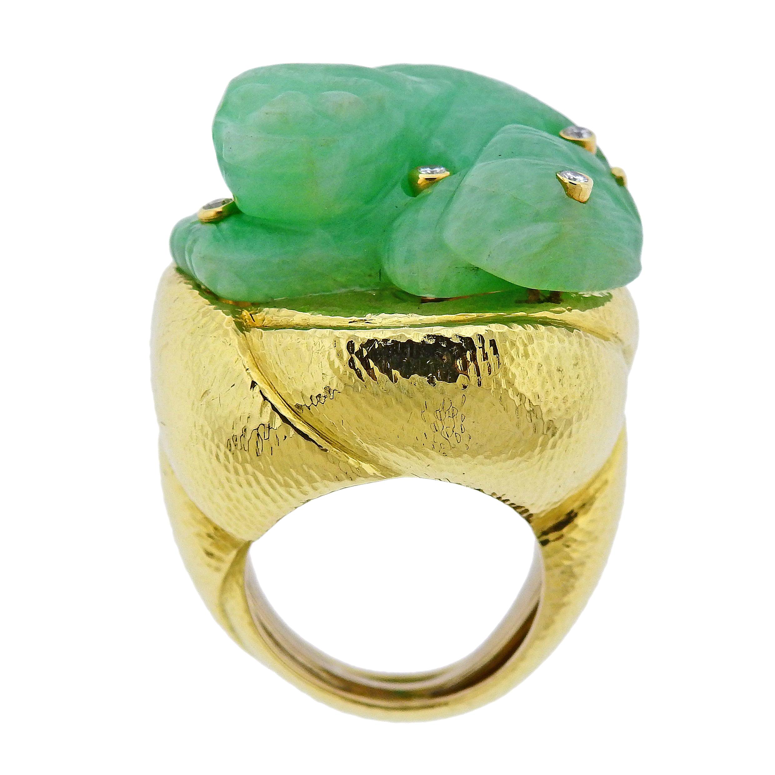 David Webb Carved Jade Diamond Gold Ring