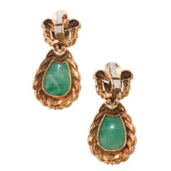 David Webb Carved Jade Gold Drop Earrings