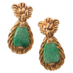 David Webb Carved Jade Gold Drop Earrings