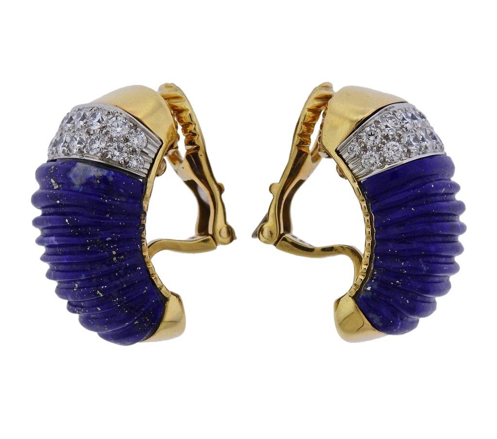 18k gold and platinum shrimp earrings, crafted by David Webb, set with carved lapis lazuli and approx. 1.60ctw in H/VS diamonds. Retail $26500. Earrings are 29mm x 16mm and weigh 35.7 grams. Marked David Webb, 18k, 900pt. 