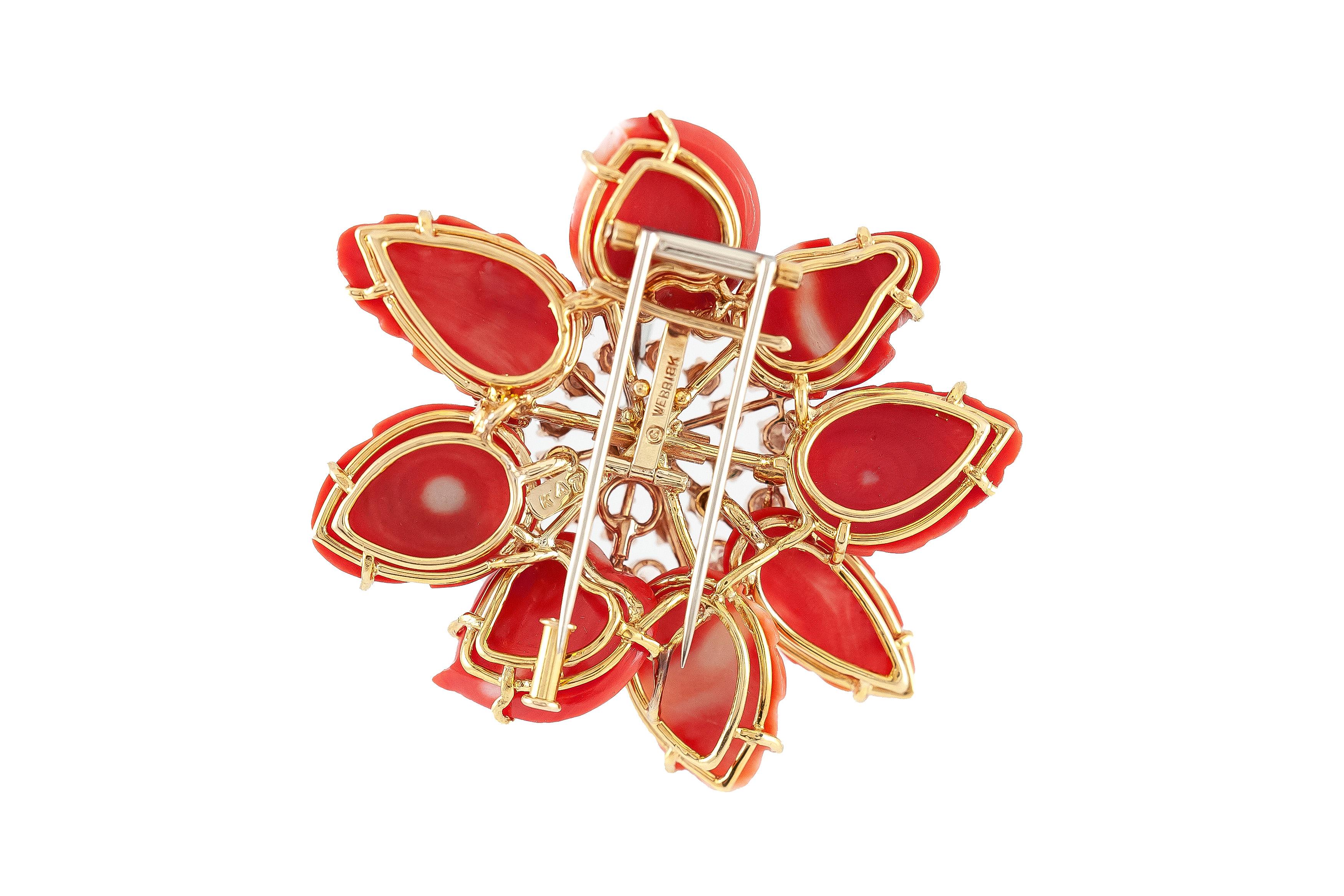 David Webb Coral Flower Brooch with Diamonds In Good Condition For Sale In New York, NY