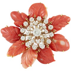 David Webb Coral Flower Brooch with Diamonds