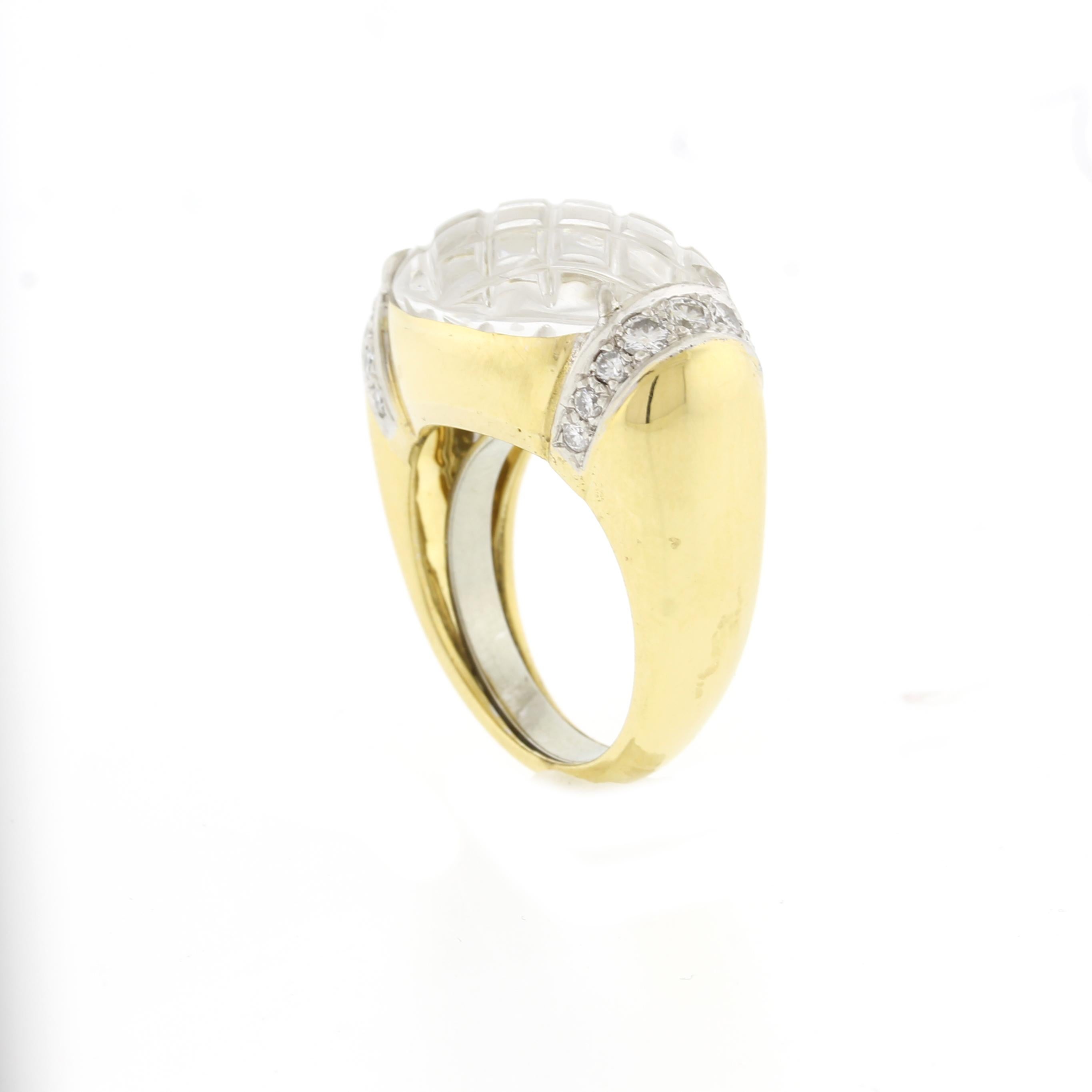 Round Cut David Webb Carved Rock Crystal and Diamond Ring For Sale