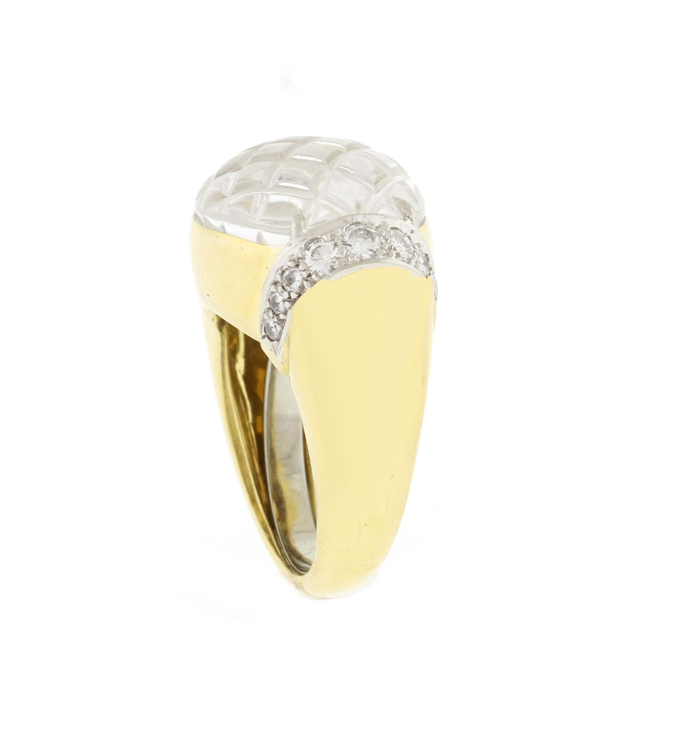 Women's or Men's David Webb Carved Rock Crystal and Diamond Ring For Sale