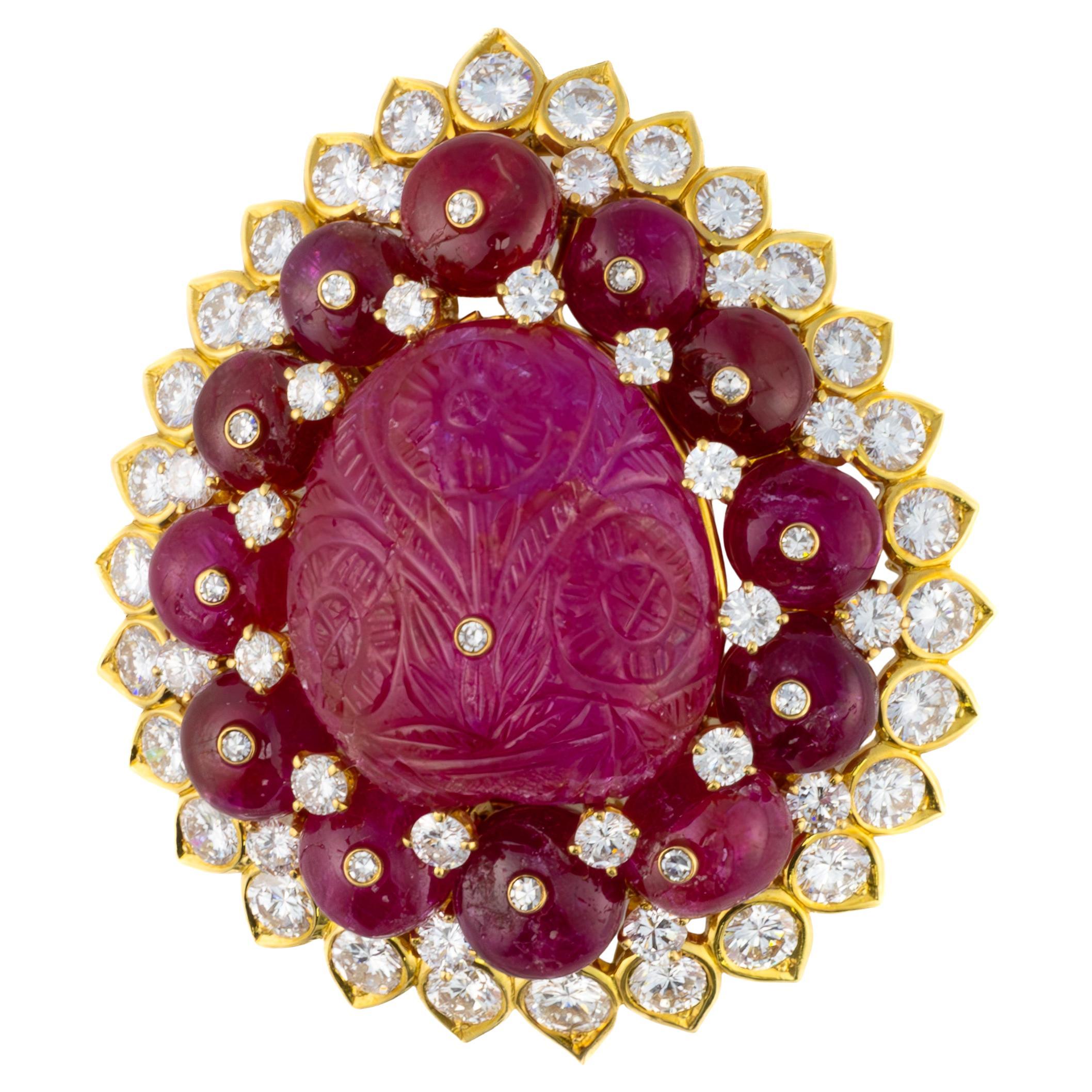 David Webb Carved Ruby and Diamond Brooch