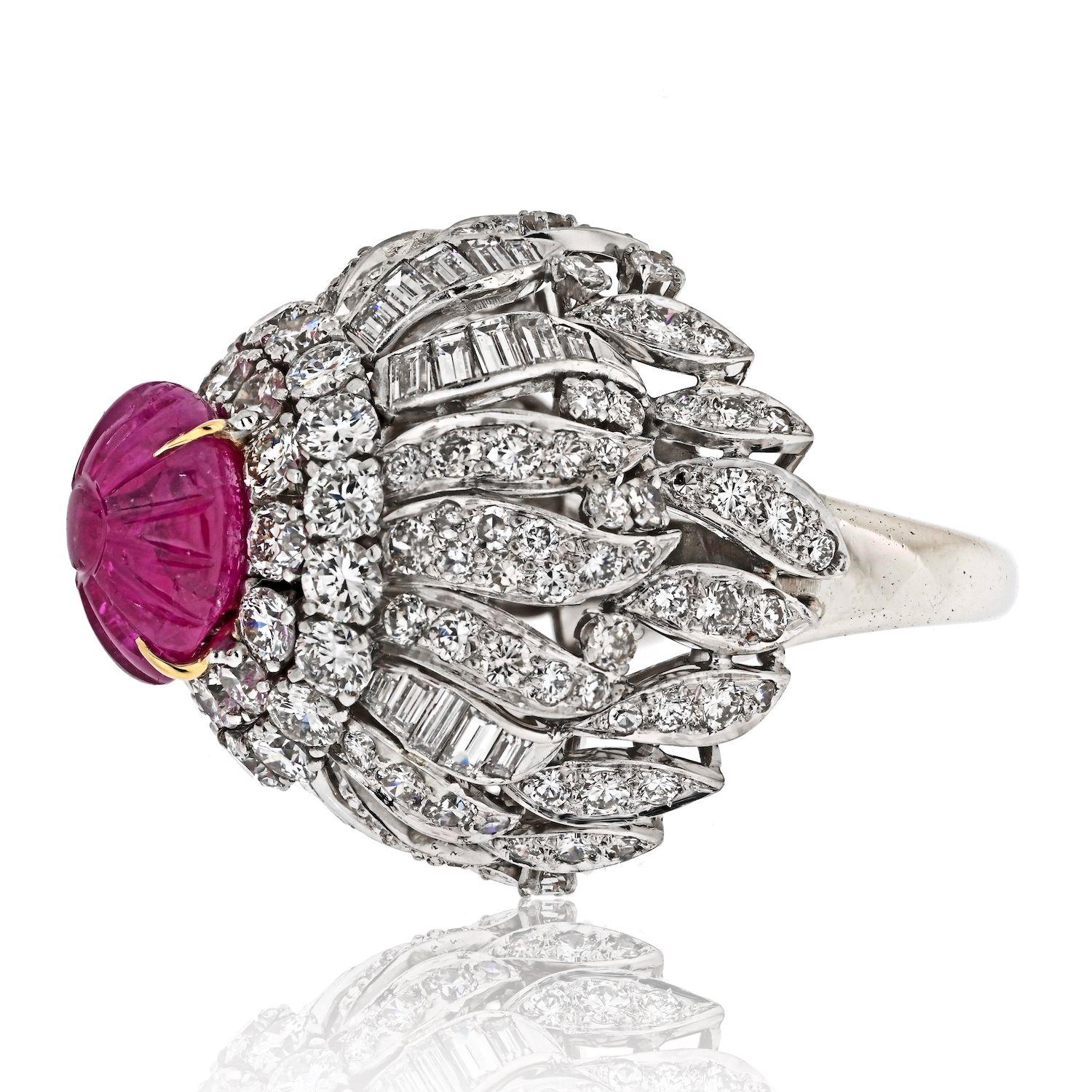 Modern David Webb Carved Ruby Bombe Cocktail Baguette And Round Cut Diamond Ring For Sale