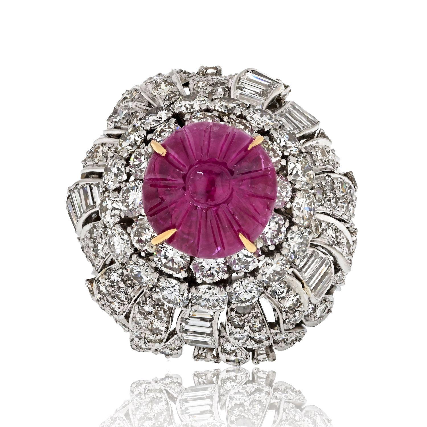 Baguette Cut David Webb Carved Ruby Bombe Cocktail Baguette And Round Cut Diamond Ring For Sale