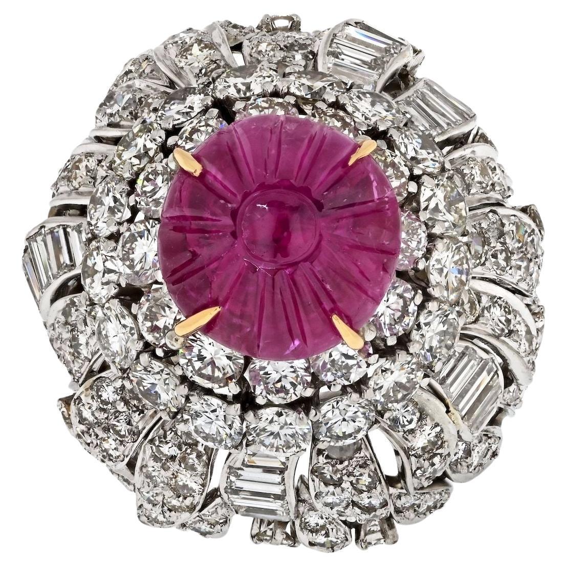 David Webb Carved Ruby Bombe Cocktail Baguette And Round Cut Diamond Ring For Sale