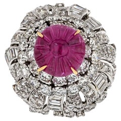 David Webb Carved Ruby Bombe Cocktail Baguette And Round Cut Diamond Ring