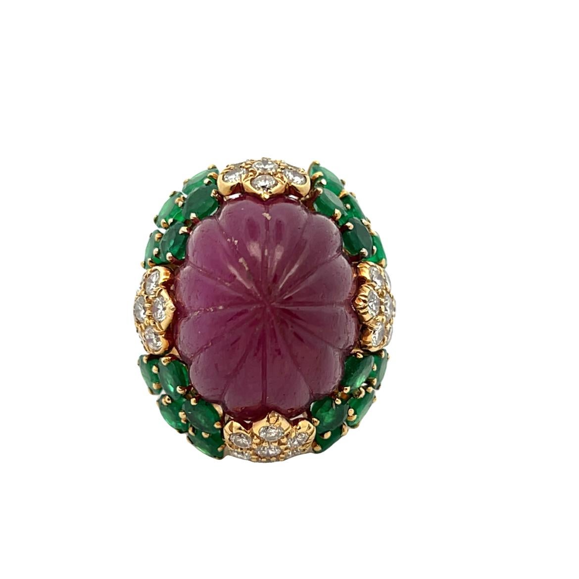 David Webb Carved Ruby Emerald and Diamond Ring For Sale 7