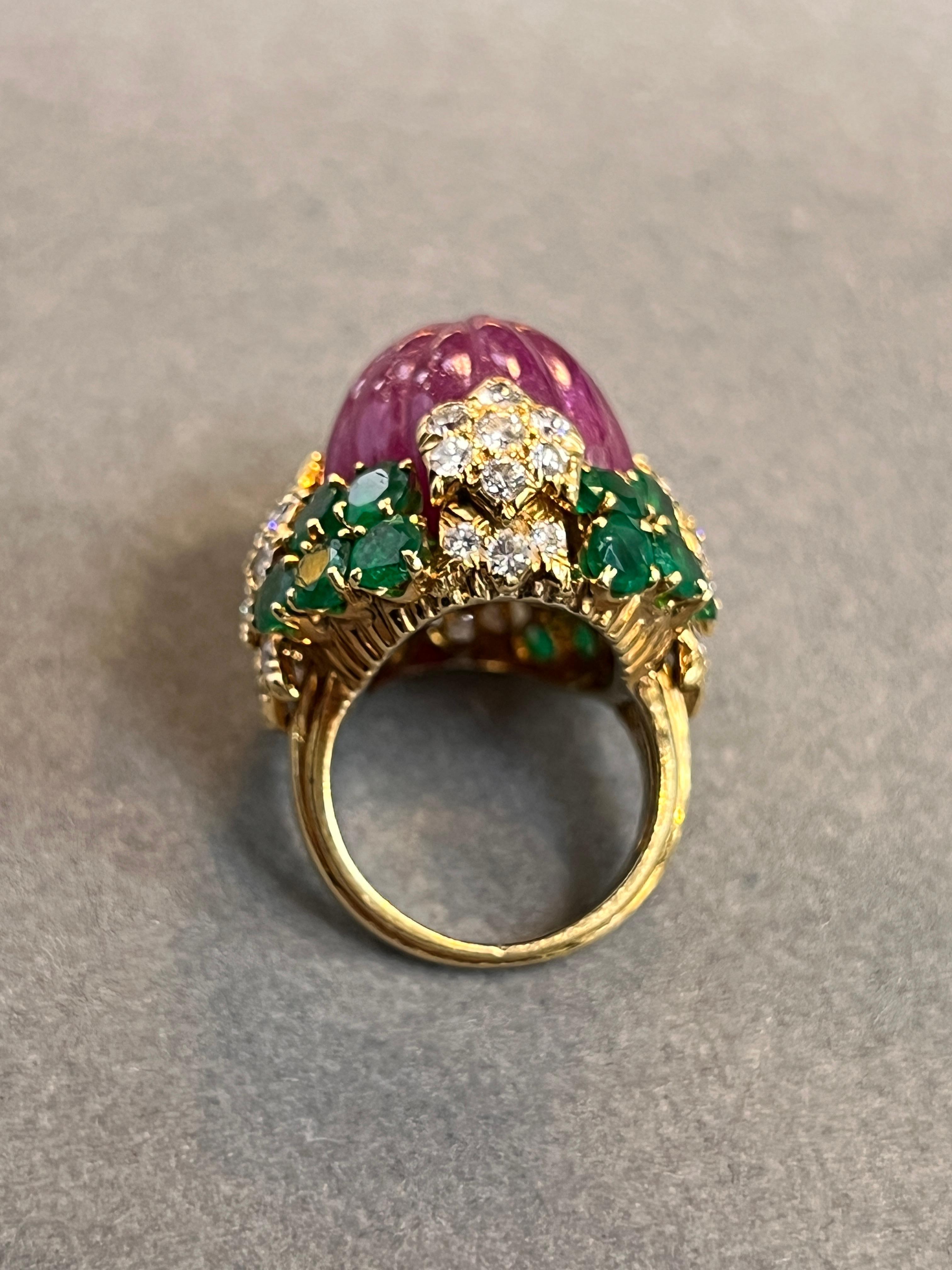 David Webb Carved Ruby Emerald and Diamond Ring For Sale 9