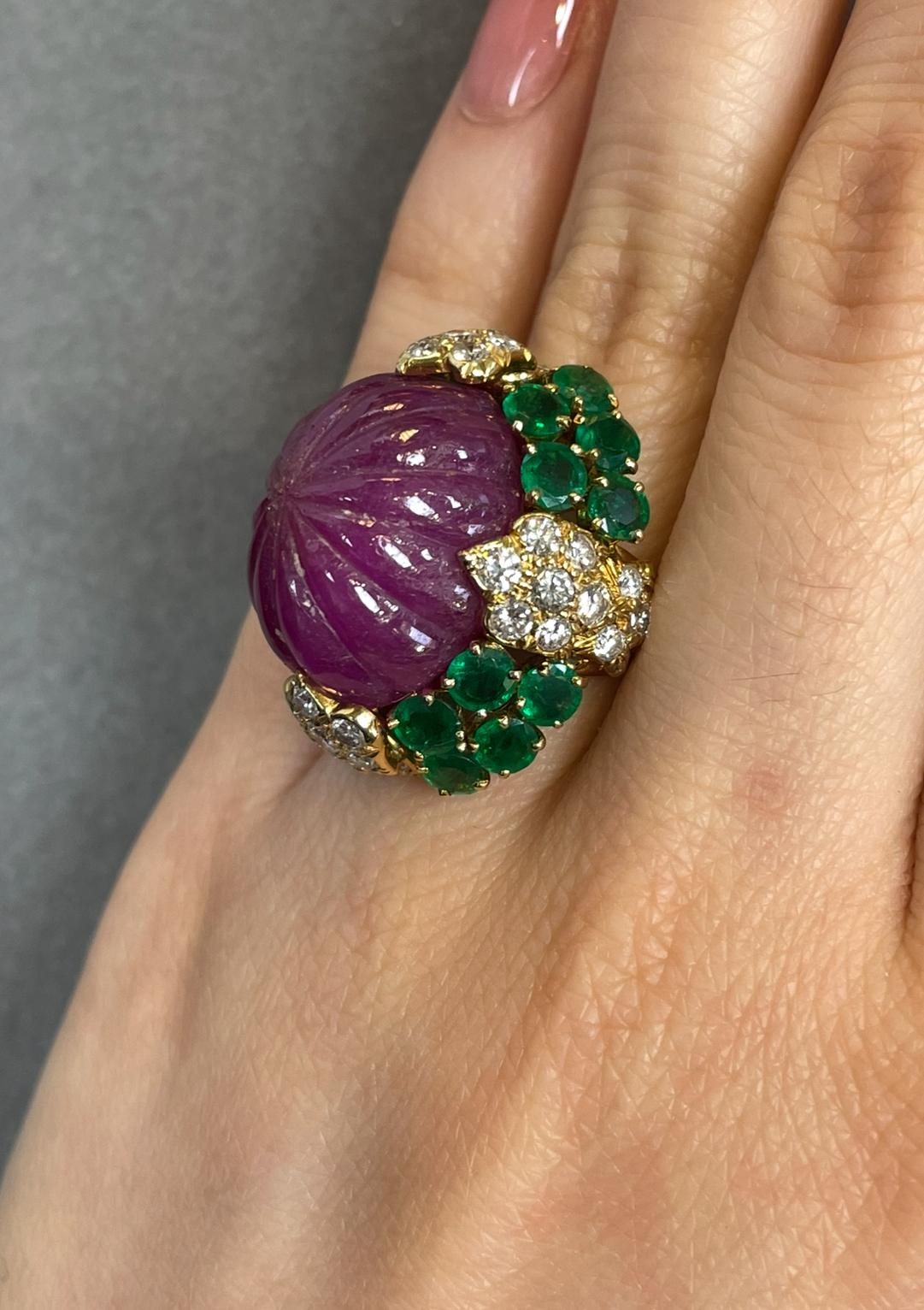 Mixed Cut David Webb Carved Ruby Emerald and Diamond Ring For Sale