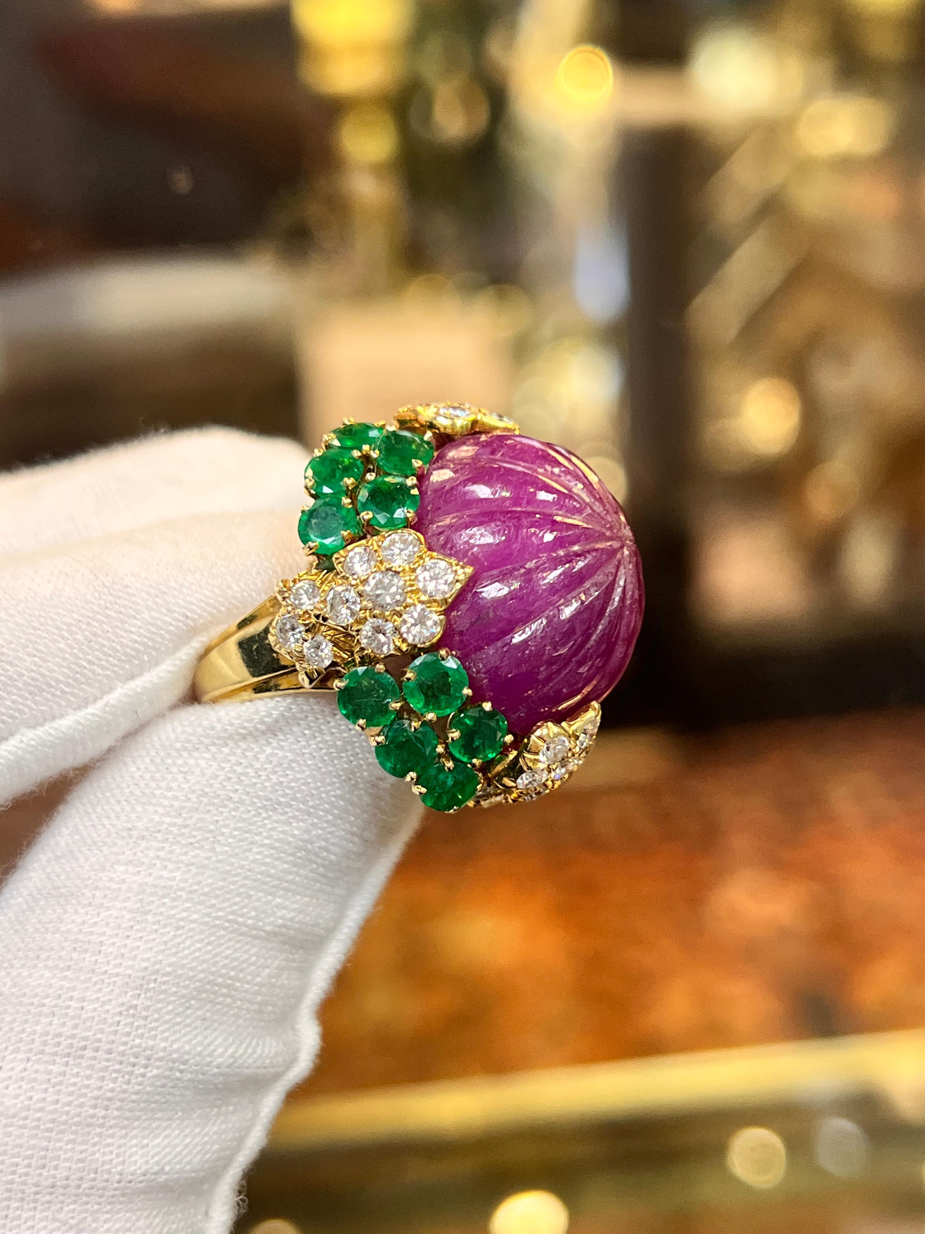 Women's David Webb Carved Ruby Emerald and Diamond Ring For Sale