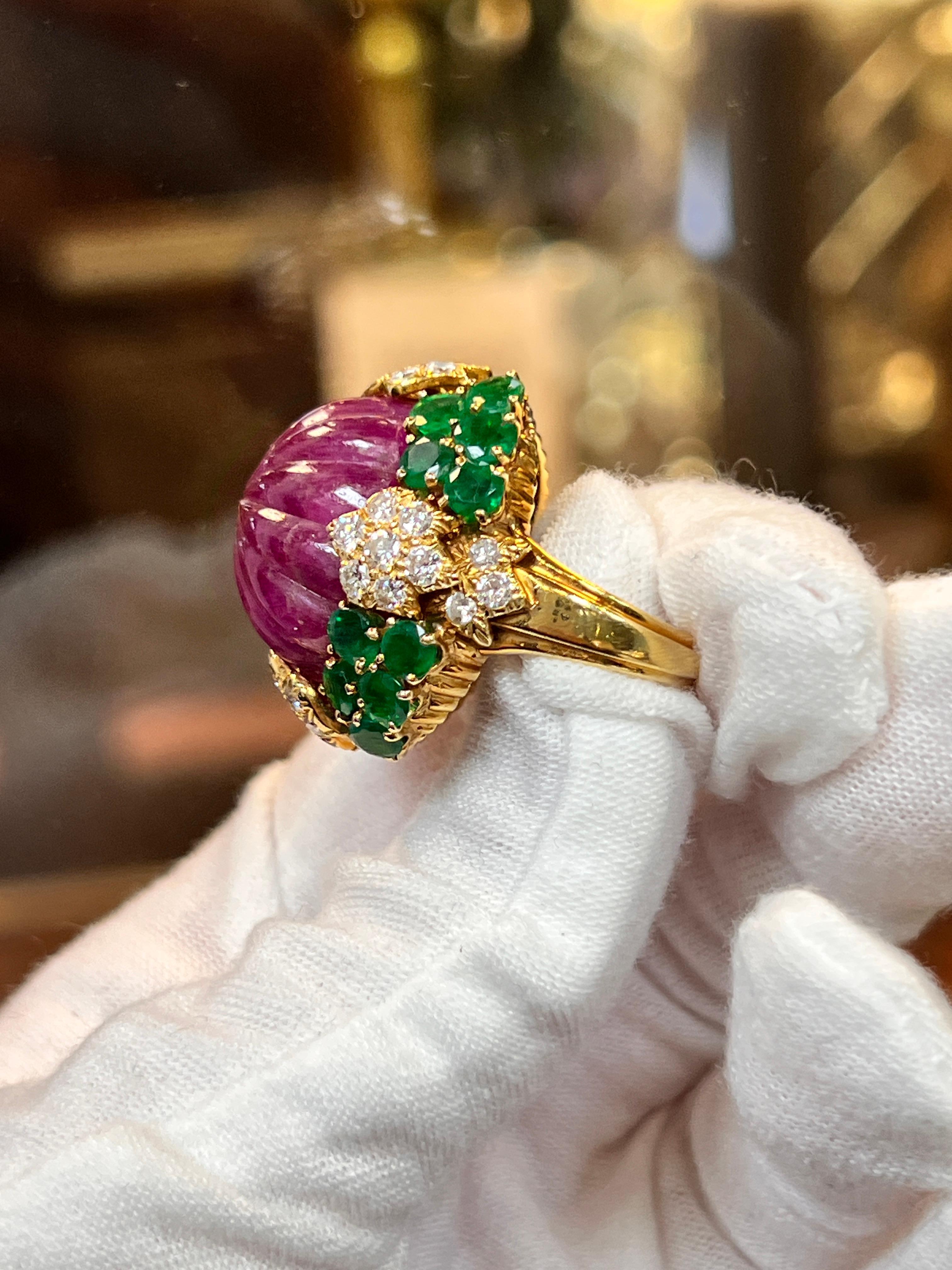David Webb Carved Ruby Emerald and Diamond Ring For Sale 2